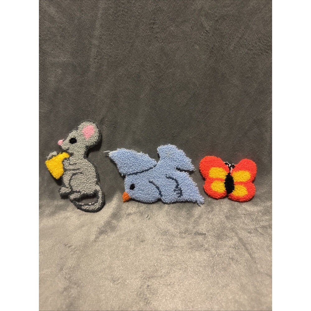 Handmade Punch Needle Embroidery Panel Mouse Bird Butterfly Designs 3 Set 1.5-4"